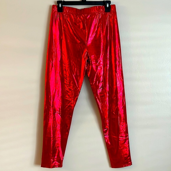Red Lamé Pants * Not as tight as Leggings * SHINY * Feeling Festive *size Medium - Picture 5 of 7